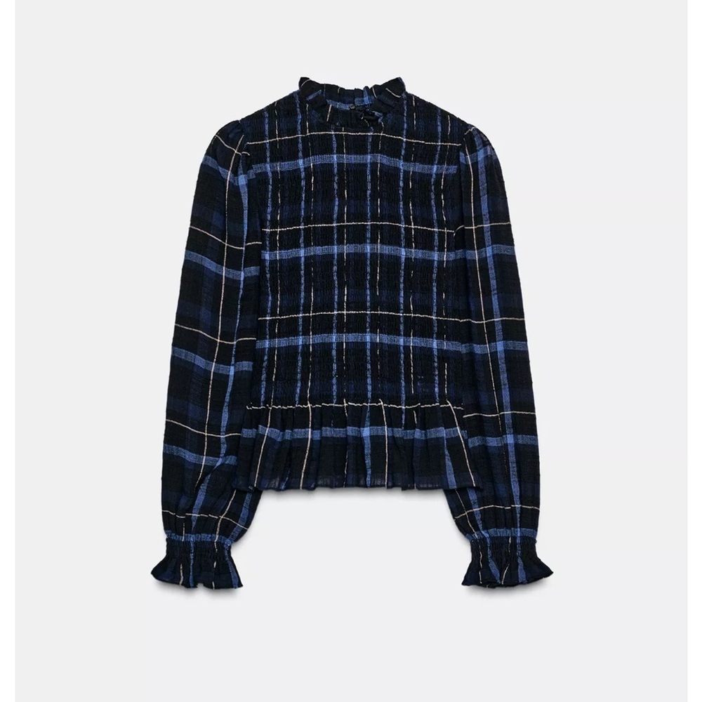 Zara Navy Smocked Plaid Blouse NWT